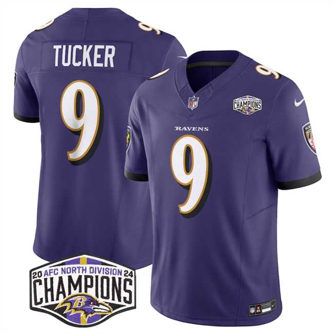 Men%27s Baltimore Ravens #9 Justin Tucker Purple F.U.S.E 2024 AFC North Division Champions Vapor Limited Jersey